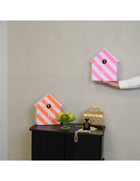 Horloge murale moderne Coucou Nichoir Hauteur 27 cm Plastique Rose Orange Motif rayures Cucko 