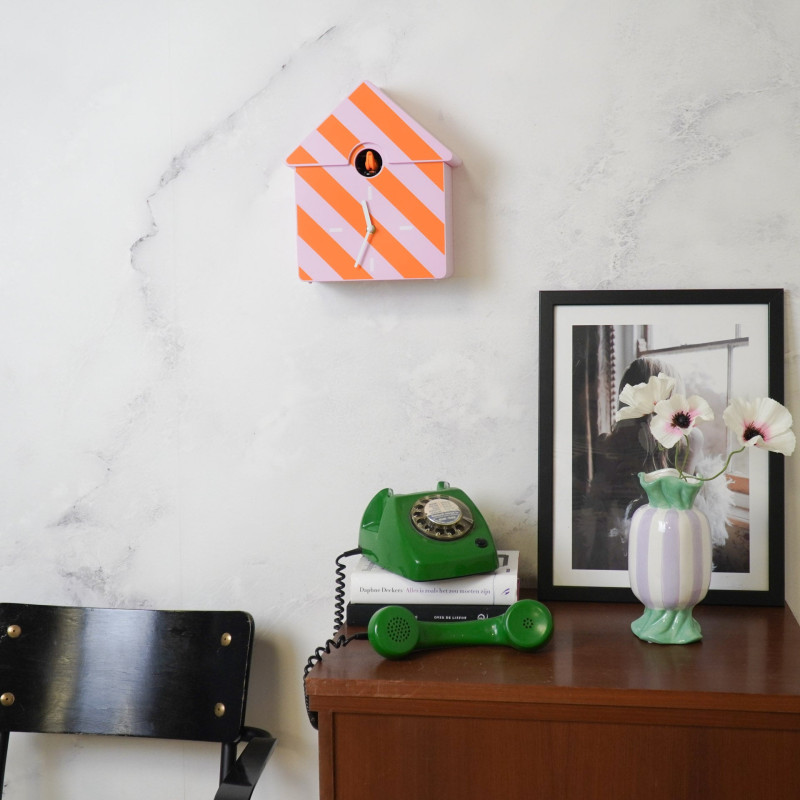 Horloge murale moderne Coucou Nichoir Hauteur 27 cm Plastique Rose Orange Motif rayures Cucko 