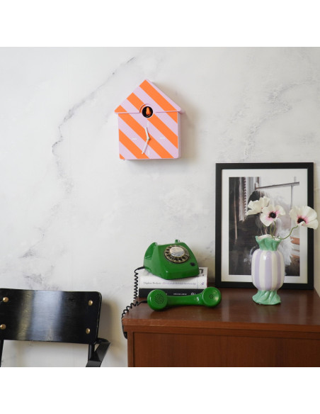 Horloge murale moderne Coucou Nichoir Hauteur 27 cm Plastique Rose Orange Motif rayures Cucko 