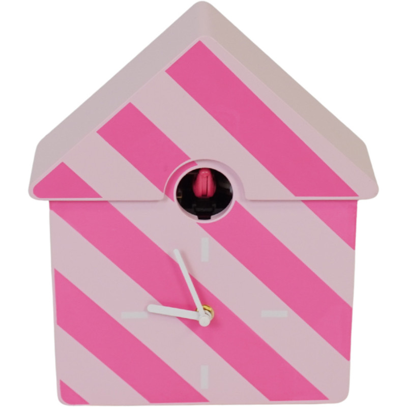 Horloge murale moderne Coucou Nichoir Hauteur 27 cm Plastique Rose clair Rose fluo Motif rayures Cucko 