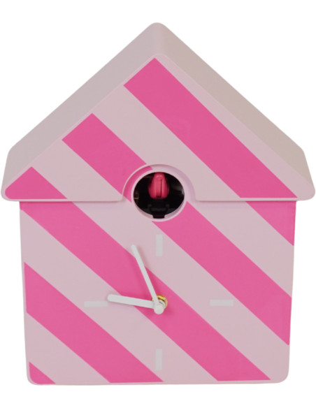 Horloge murale moderne Coucou Nichoir Hauteur 27 cm Plastique Rose clair Rose fluo Motif rayures Cucko 