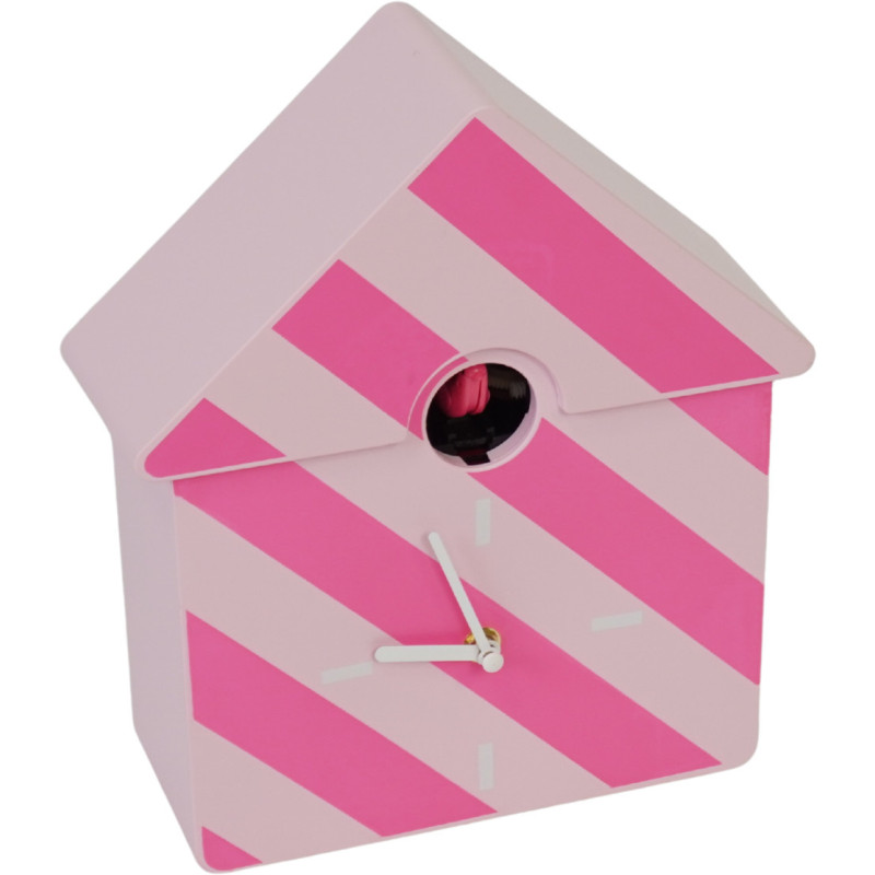 Horloge murale moderne Coucou Nichoir Hauteur 27 cm Plastique Rose clair Rose fluo Motif rayures Cucko