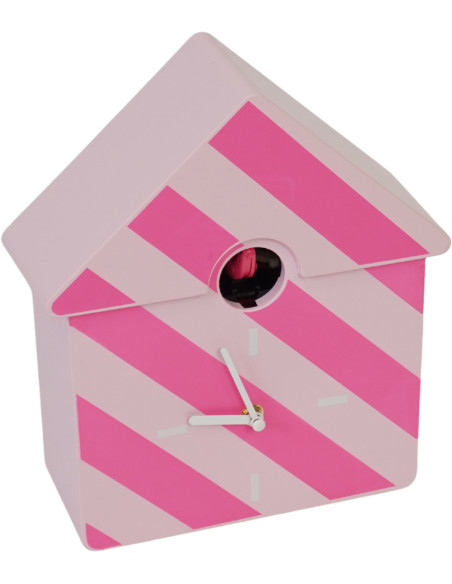 Horloge murale moderne Coucou Nichoir Hauteur 27 cm Plastique Rose clair Rose fluo Motif rayures Cucko