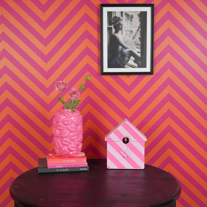 Horloge murale moderne Coucou Nichoir Hauteur 27 cm Plastique Rose clair Rose fluo Motif rayures Cucko 