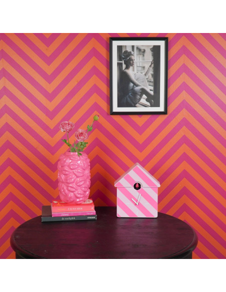 Horloge murale moderne Coucou Nichoir Hauteur 27 cm Plastique Rose clair Rose fluo Motif rayures Cucko 