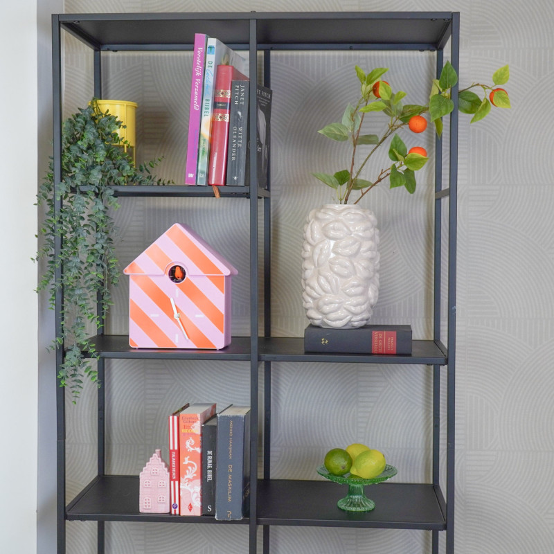 Horloge murale moderne Coucou Nichoir Hauteur 27 cm Plastique Rose clair Rose fluo Motif rayures Cucko 