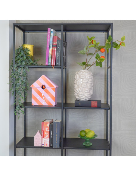 Horloge murale moderne Coucou Nichoir Hauteur 27 cm Plastique Rose clair Rose fluo Motif rayures Cucko 