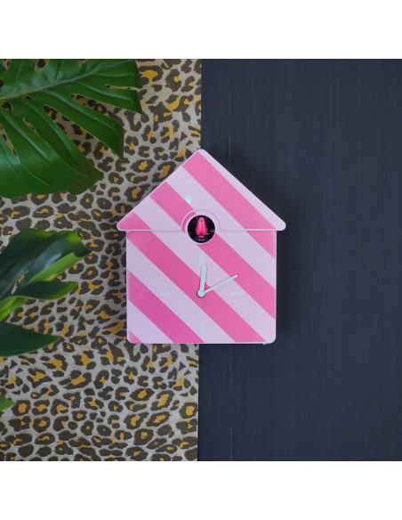 Horloge murale moderne Coucou Nichoir Hauteur 27 cm Plastique Rose clair Rose fluo Motif rayures Cucko 