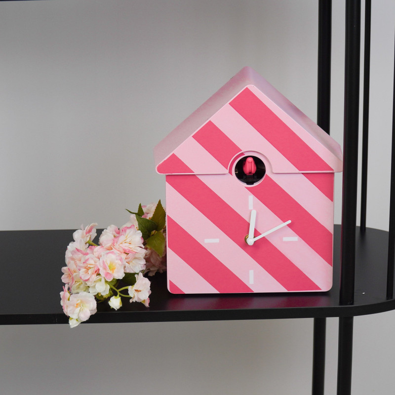 Horloge murale moderne Coucou Nichoir Hauteur 27 cm Plastique Rose clair Rose fluo Motif rayures Cucko 