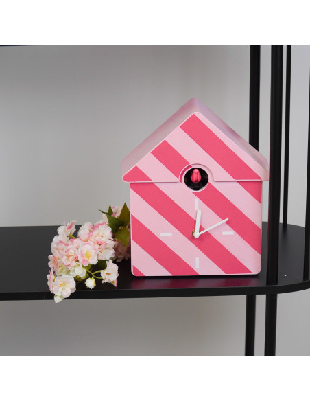 Horloge murale moderne Coucou Nichoir Hauteur 27 cm Plastique Rose clair Rose fluo Motif rayures Cucko 