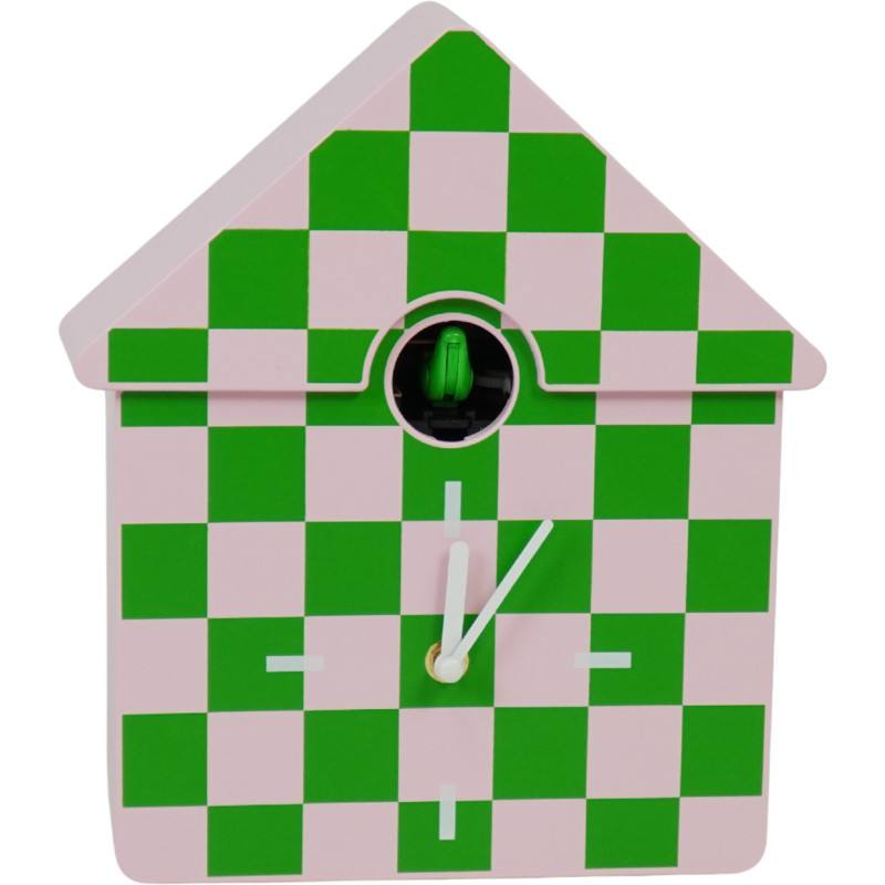 Horloge murale moderne Coucou Nichoir Hauteur 27 cm Plastique Rose Vert Motif carreaux Cucko 
