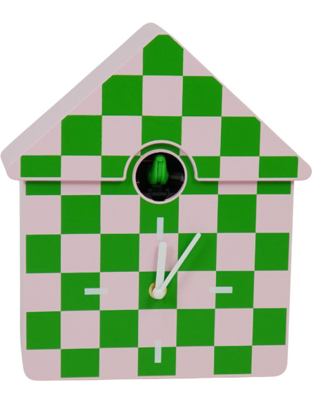 Horloge murale moderne Coucou Nichoir Hauteur 27 cm Plastique Rose Vert Motif carreaux Cucko 