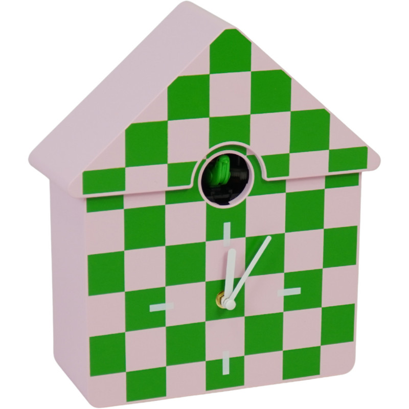 Horloge murale moderne Coucou Nichoir Hauteur 27 cm Plastique Rose Vert Motif carreaux Cucko