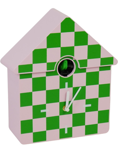 Horloge murale moderne Coucou Nichoir Hauteur 27 cm Plastique Rose Vert Motif carreaux Cucko