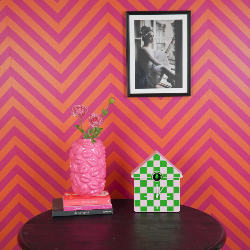 Horloge murale moderne Coucou Nichoir Hauteur 27 cm Plastique Rose Vert Motif carreaux Cucko 