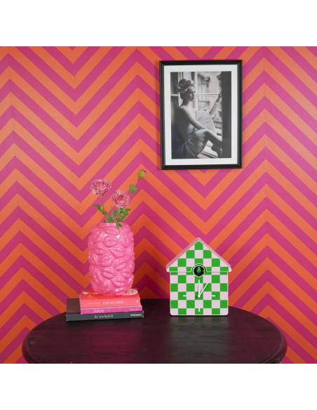 Horloge murale moderne Coucou Nichoir Hauteur 27 cm Plastique Rose Vert Motif carreaux Cucko 