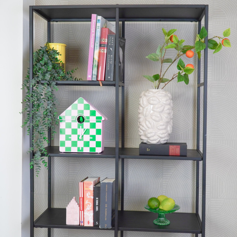 Horloge murale moderne Coucou Nichoir Hauteur 27 cm Plastique Rose Vert Motif carreaux Cucko 