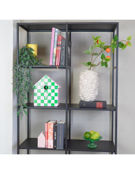 Horloge murale moderne Coucou Nichoir Hauteur 27 cm Plastique Rose Vert Motif carreaux Cucko 