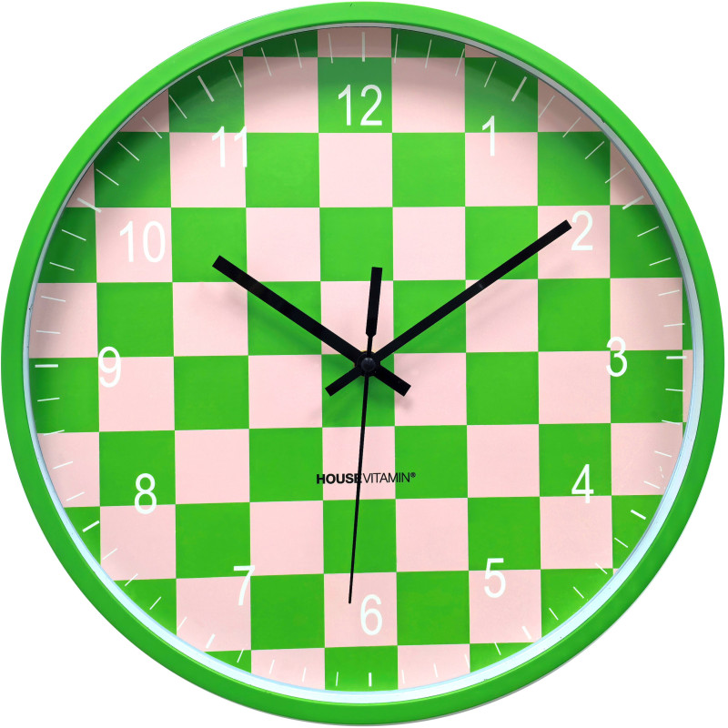 Horloge murale moderne Ronde 35 cm Plastique Vert Rose clair Motif carreaux Pattern 