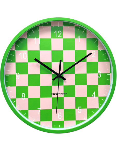 Horloge murale moderne Ronde 35 cm Plastique Vert Rose clair Motif carreaux Pattern 