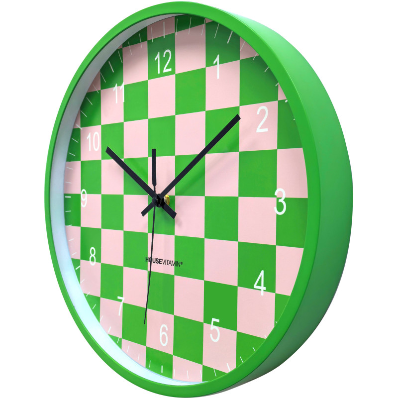 Horloge murale moderne Ronde 35 cm Plastique Vert Rose clair Motif carreaux Pattern 