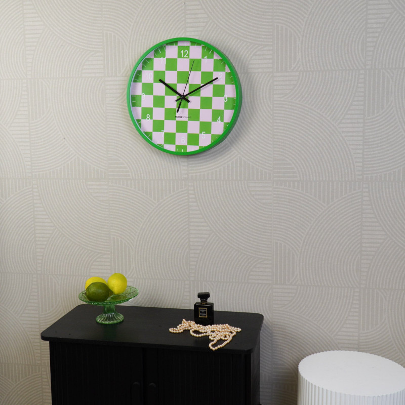 Horloge murale moderne Ronde 35 cm Plastique Vert Rose clair Motif carreaux Pattern 