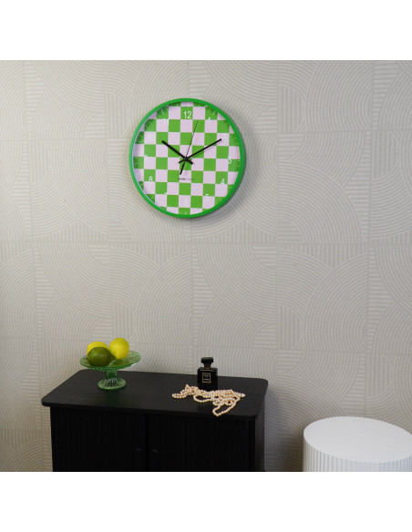 Horloge murale moderne Ronde 35 cm Plastique Vert Rose clair Motif carreaux Pattern 