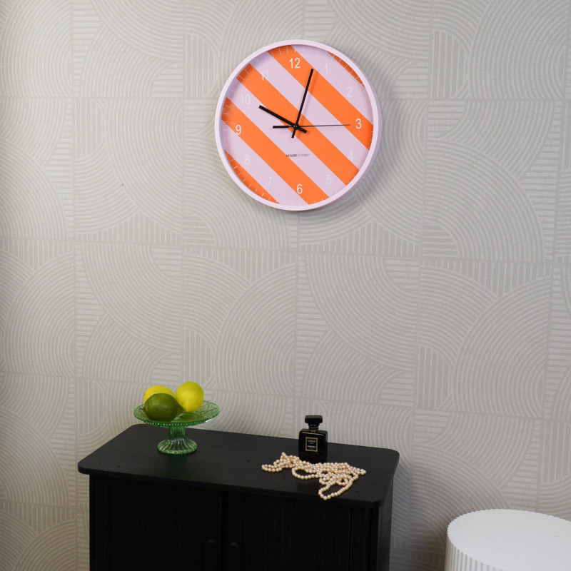 Horloge murale moderne Ronde 35 cm Plastique Rose clair Orange Motif rayures Pattern 