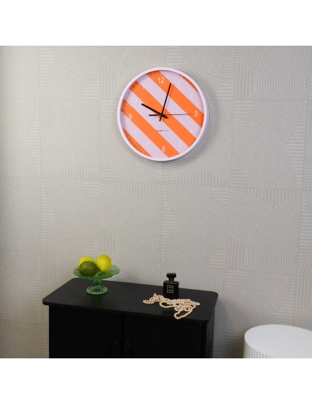 Horloge murale moderne Ronde 35 cm Plastique Rose clair Orange Motif rayures Pattern 