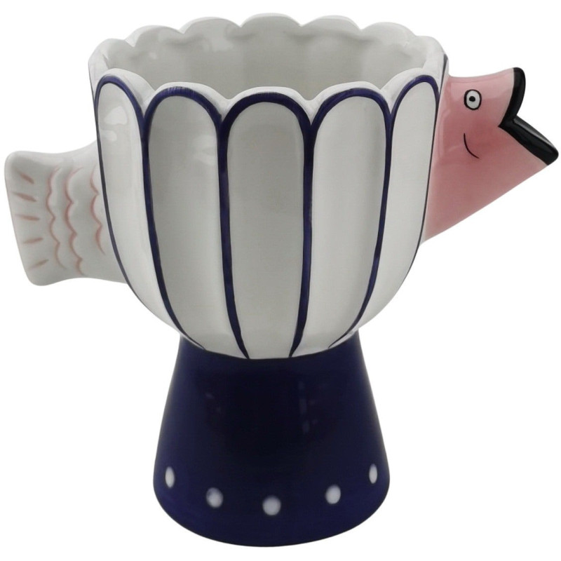 Vase original sur pied Poisson Hauteur 18 cm Céramique Bleu Blanc Fish 