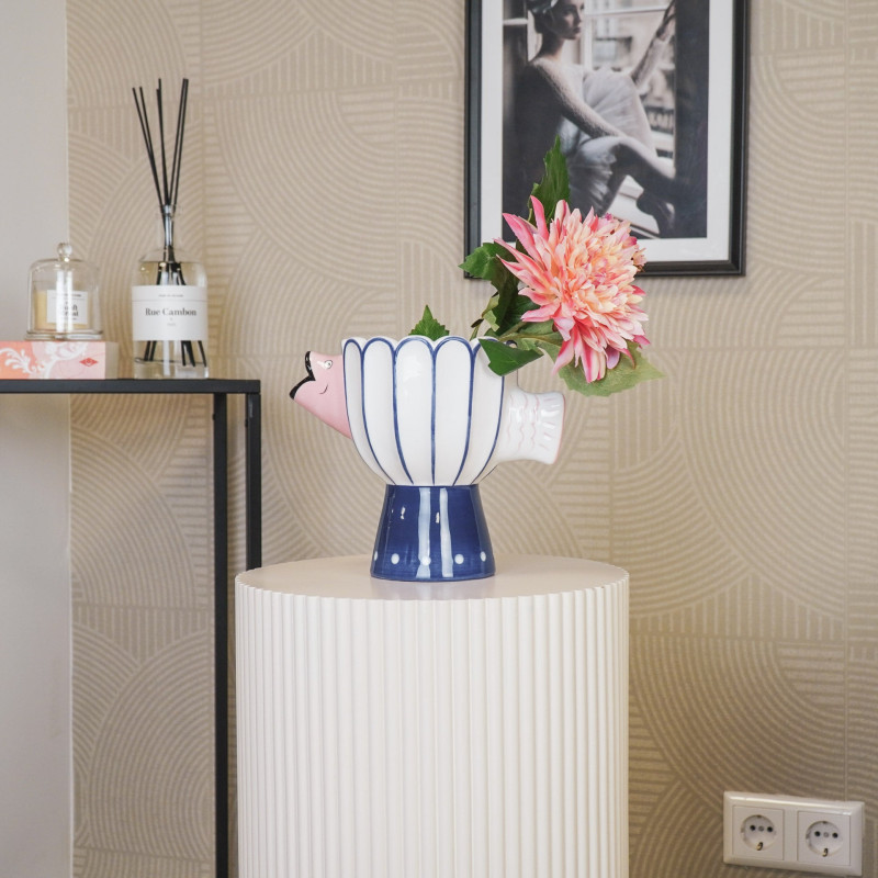 Vase original sur pied Poisson Hauteur 18 cm Céramique Bleu Blanc Fish 