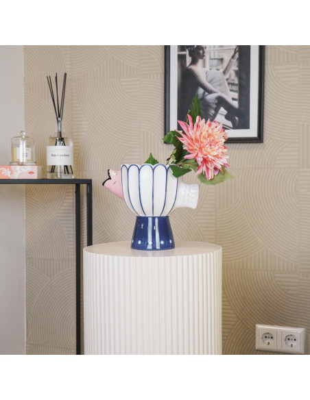 Vase original sur pied Poisson Hauteur 18 cm Céramique Bleu Blanc Fish 