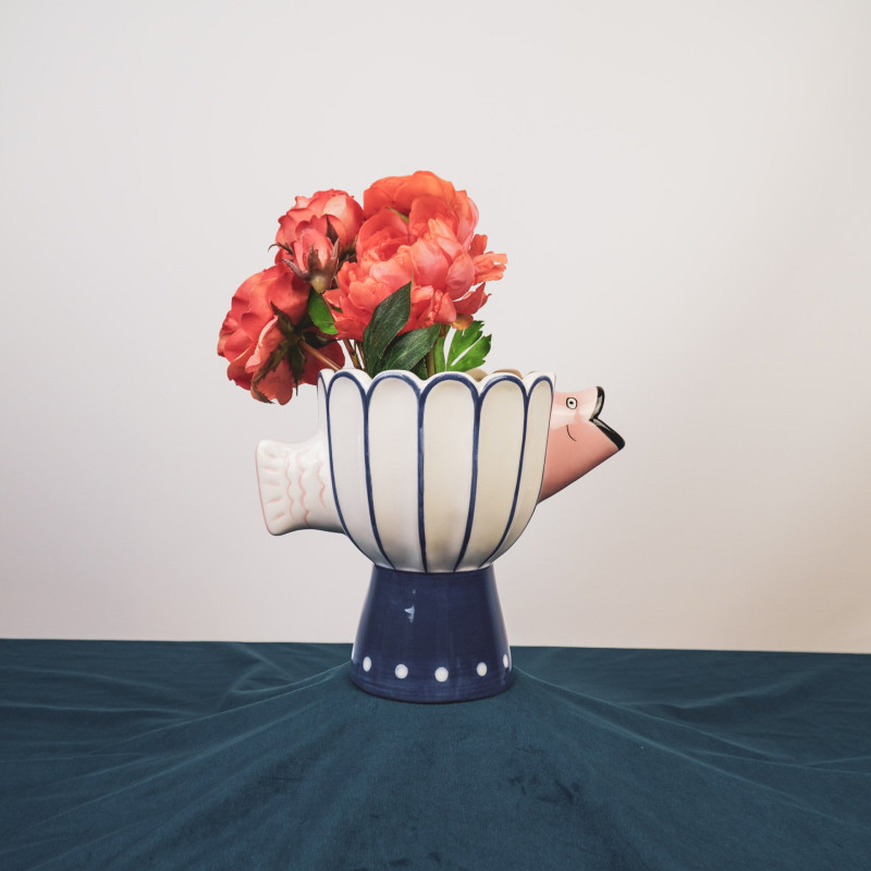 Vase original sur pied Poisson Hauteur 18 cm Céramique Bleu Blanc Fish 