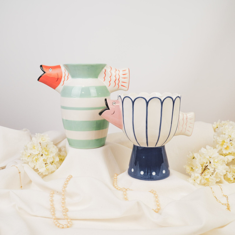 Vase original sur pied Poisson Hauteur 18 cm Céramique Bleu Blanc Fish 