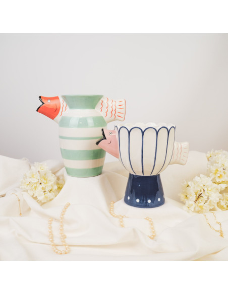 Vase original sur pied Poisson Hauteur 18 cm Céramique Bleu Blanc Fish 