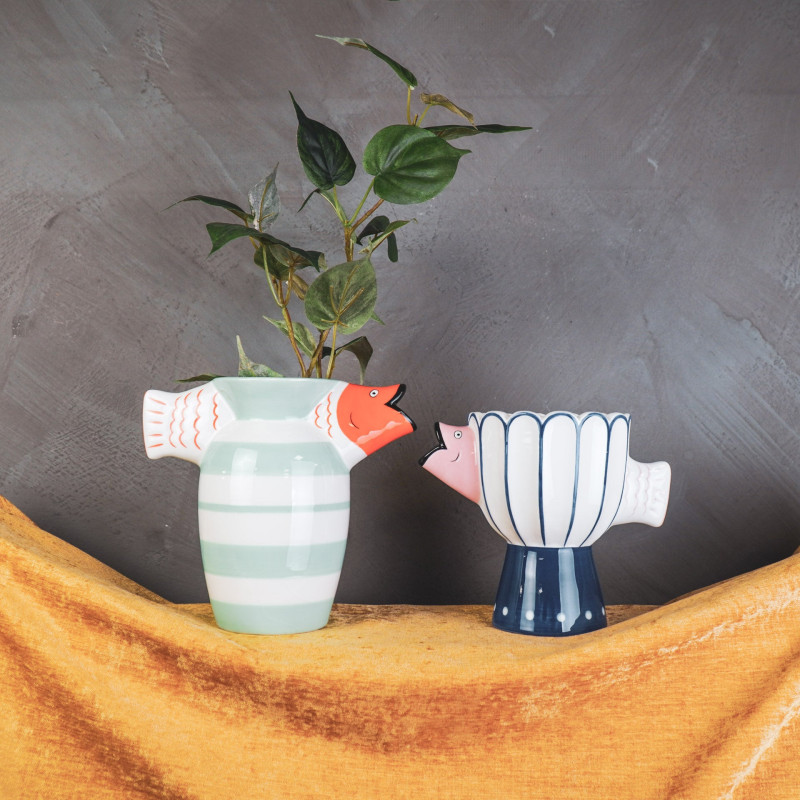 Vase original sur pied Poisson Hauteur 18 cm Céramique Bleu Blanc Fish 