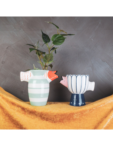 Vase original sur pied Poisson Hauteur 18 cm Céramique Bleu Blanc Fish 