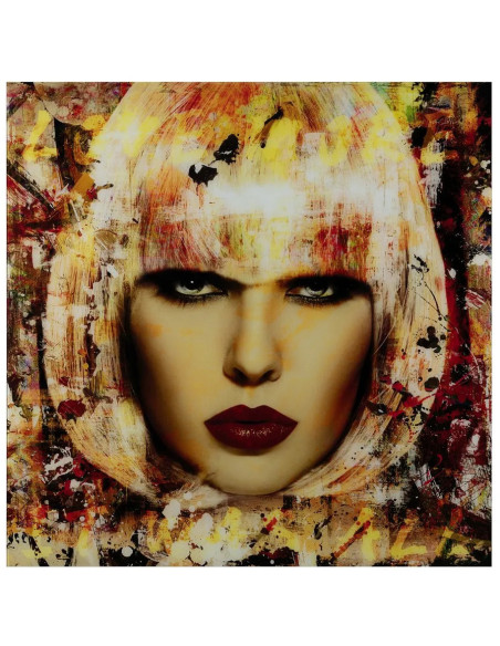 Grand Tableau mural impression sur verre Visage de femme 120x120 en Verre trempé Jaune Rouge Maira