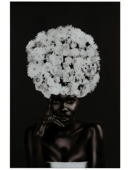 Grand Tableau mural impression sur verre Femme Fleurs 80x120 en Verre trempé Noir Blanc Ansia