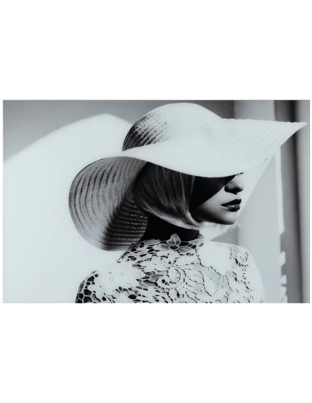 Grand Tableau mural impression sur verre Femme avec chapeau 120x80 en Verre trempé Noir Blanc Elvia