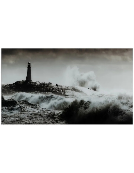 Grand Tableau mural impression sur verre Phare Tempête 120x70 en Verre trempé Noir Blanc Norah