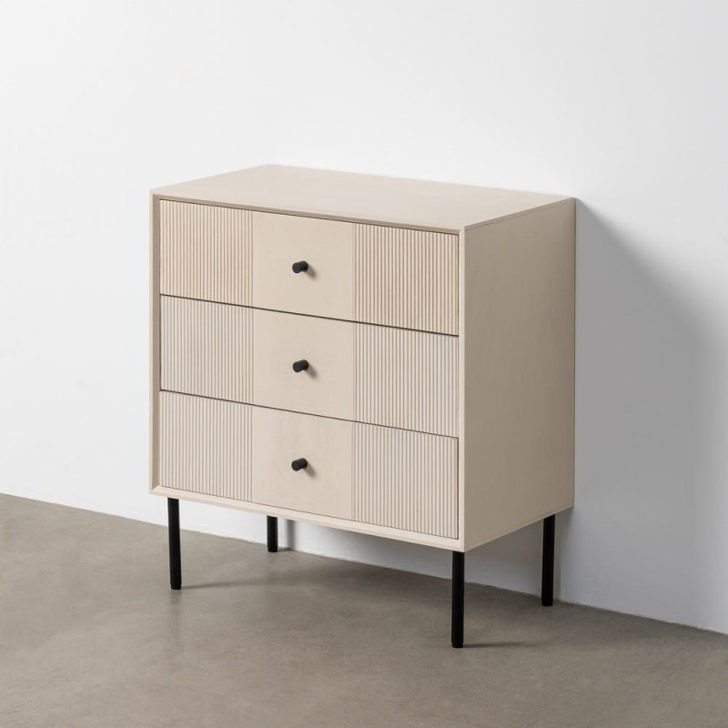 Grande Table de chevet minimaliste chic 3 tiroirs 61 cm Bois MDF Blanc crème Métal Noir Marfil 