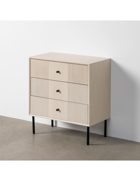 Grande Table de chevet minimaliste chic 3 tiroirs 61 cm Bois MDF Blanc crème Métal Noir Marfil 