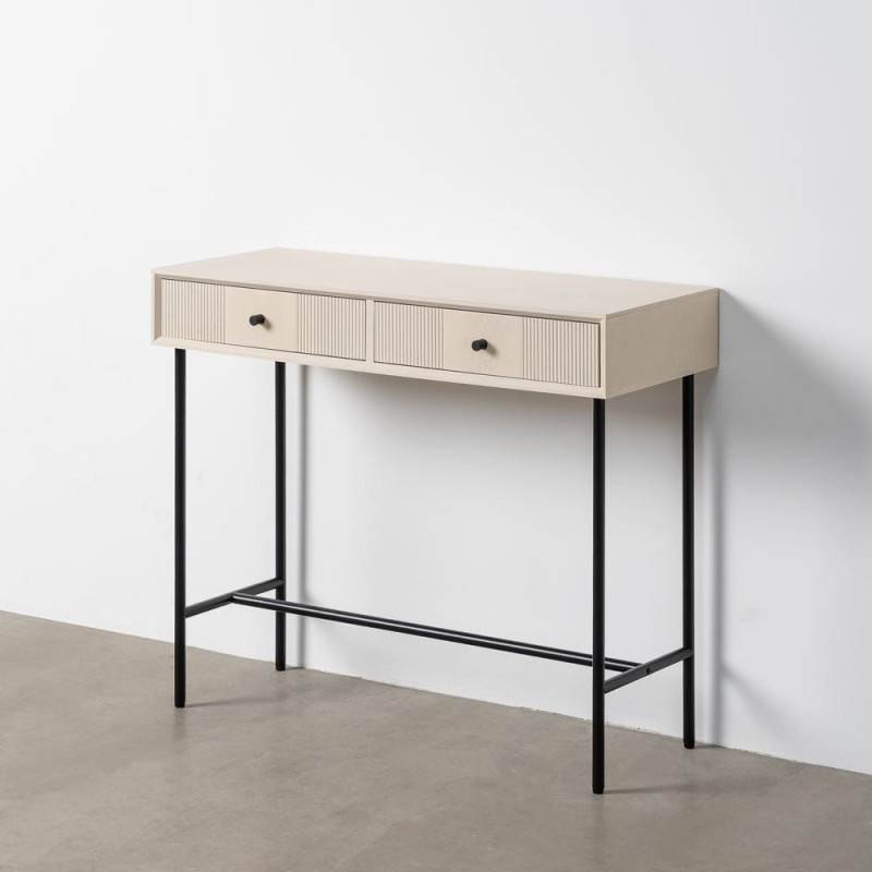 Console d'entrée minimaliste chic Rectangulaire 2 tiroirs 90 cm Bois MDF Blanc crème Métal Noir Marfil 