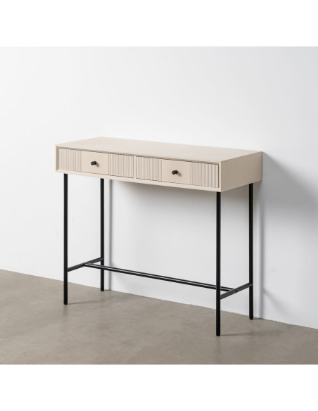 Console d'entrée minimaliste chic Rectangulaire 2 tiroirs 90 cm Bois MDF Blanc crème Métal Noir Marfil 