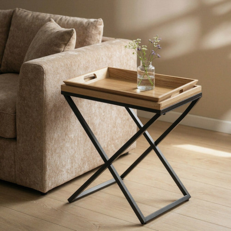 Table d'appoint indus Plateau amovible Rectangulaire 55 cm Bois MDF Naturel Métal Noir Cruce 