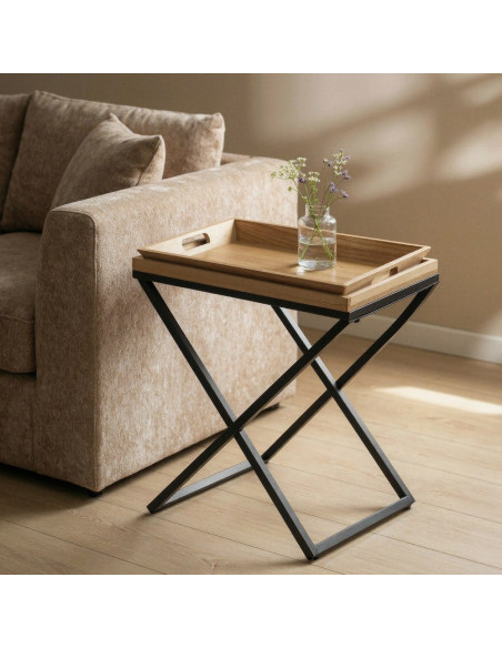 Table d'appoint indus Plateau amovible Rectangulaire 55 cm Bois MDF Naturel Métal Noir Cruce 