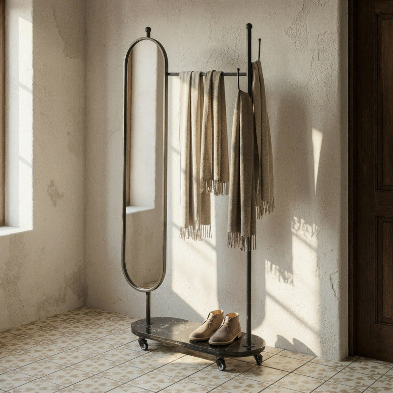 Meuble d'entrée sur roues Portemanteaux avec miroir Métal Marbre Noir Reflejo 