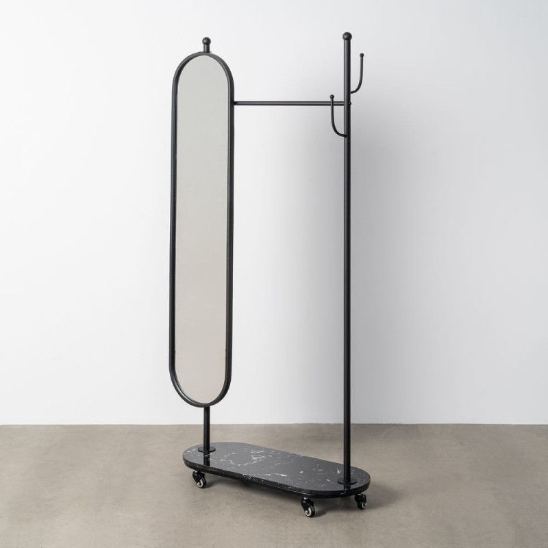 Meuble d'entrée sur roues Portemanteaux avec miroir Métal Marbre Noir Reflejo 