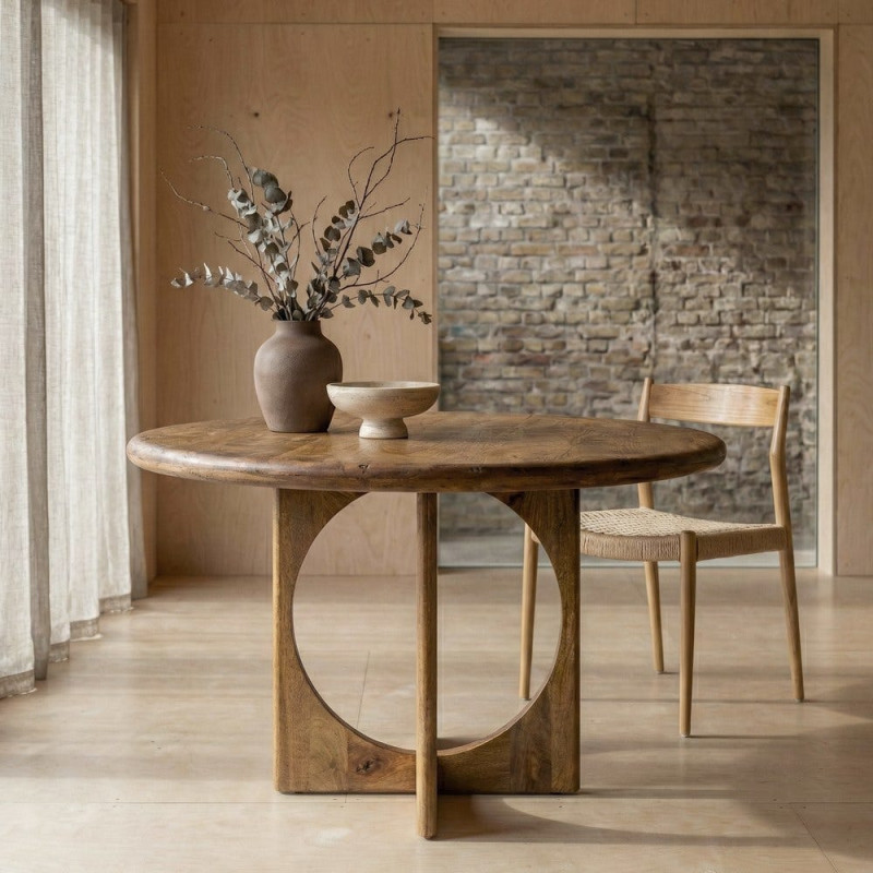 Grande Table à manger rétro chic Ronde 6 personnes 125 cm Bois de manguier Miel Calma 